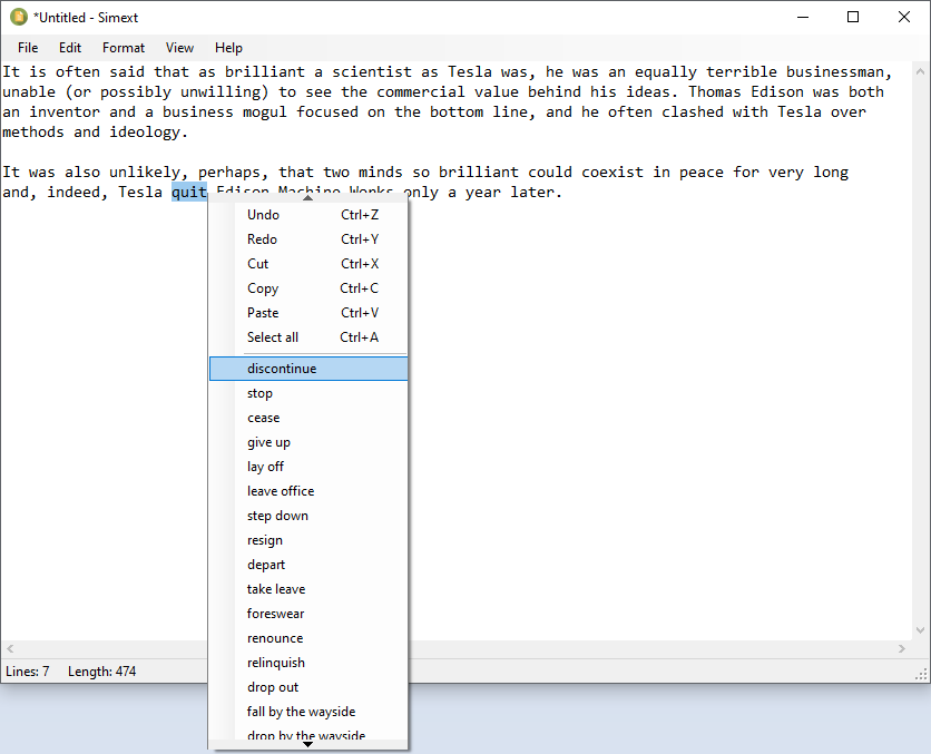 Quick list of synonyms by right-clicking the document when a word is selected.