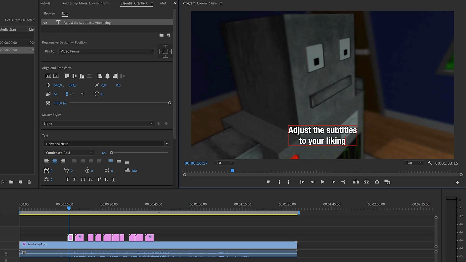 Overlay the subtitles as Essential Graphics layers onto your video, and adjust them if you need to.
