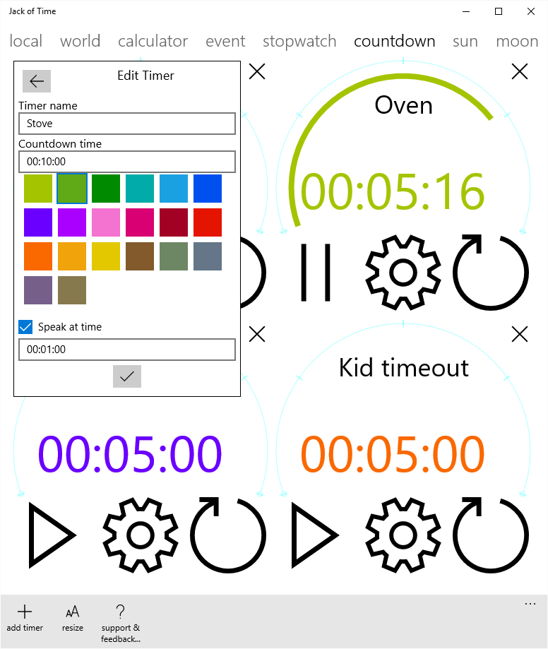 Create multiple timers with final voice countdown ("3, 2, 1.."). You can customize the color, description, and a spoken announce time (e.g., "1 minute").