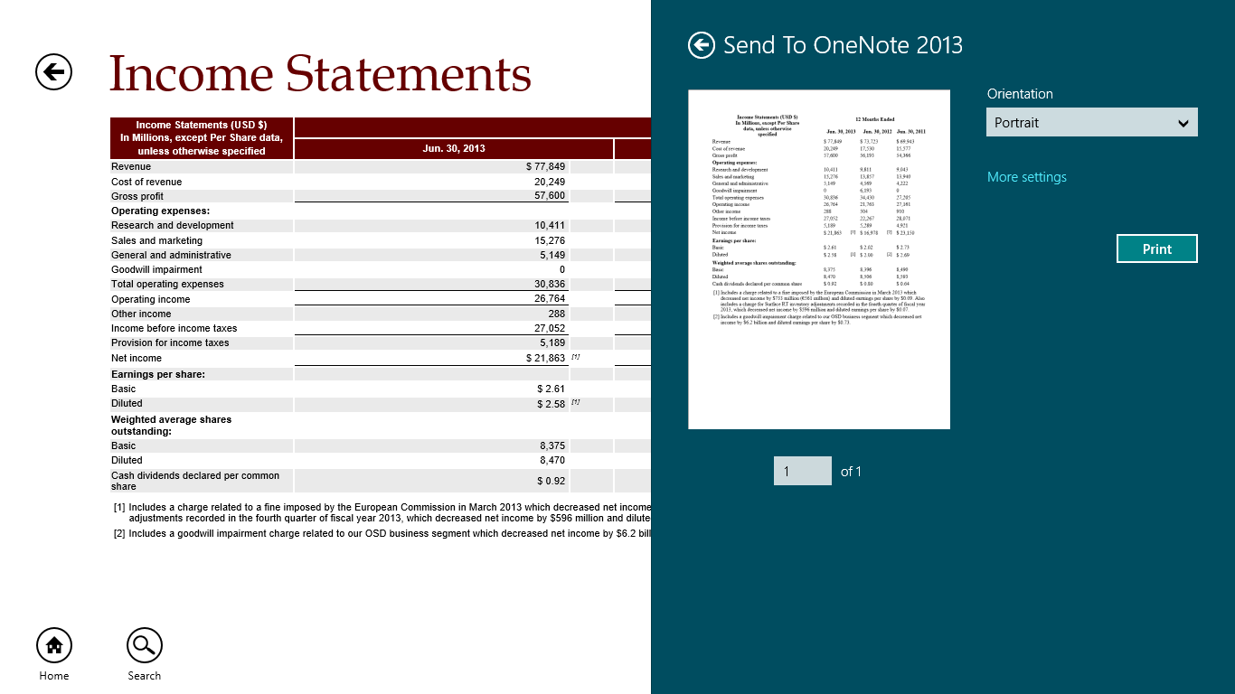 Print an individual finance statement or send to OneNote
