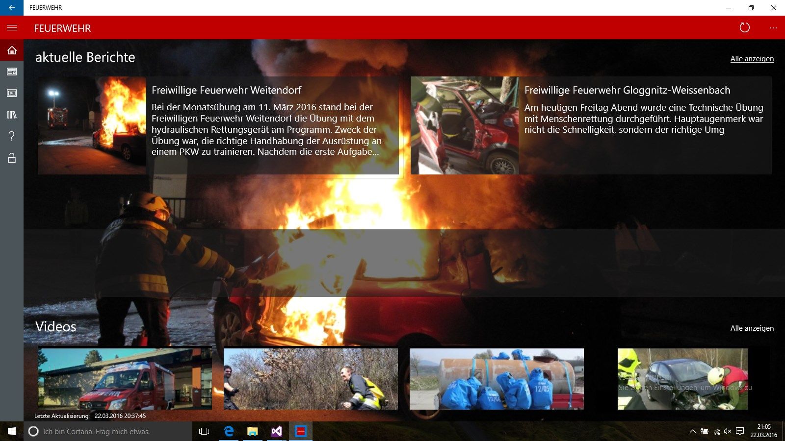 Hauptseite der App, zeigt eine Übersicht der aktuellsten Meldungen und Videos.