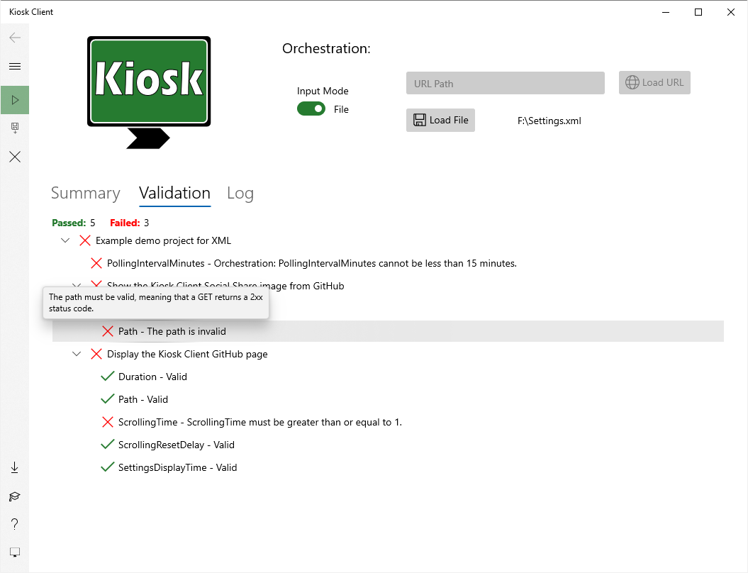 If you didn't enter a value correctly in your Orchestration file, Kiosk Client can guide you to resolving the issue by identifying where the issue is and how you can correct it.