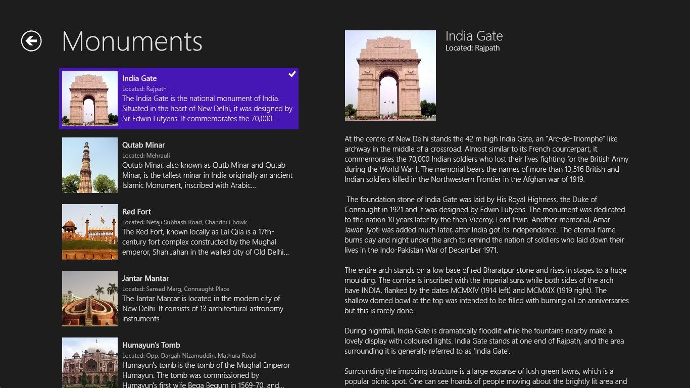 Shows the list of monuments described by the app and also displays all the info about the selected monument