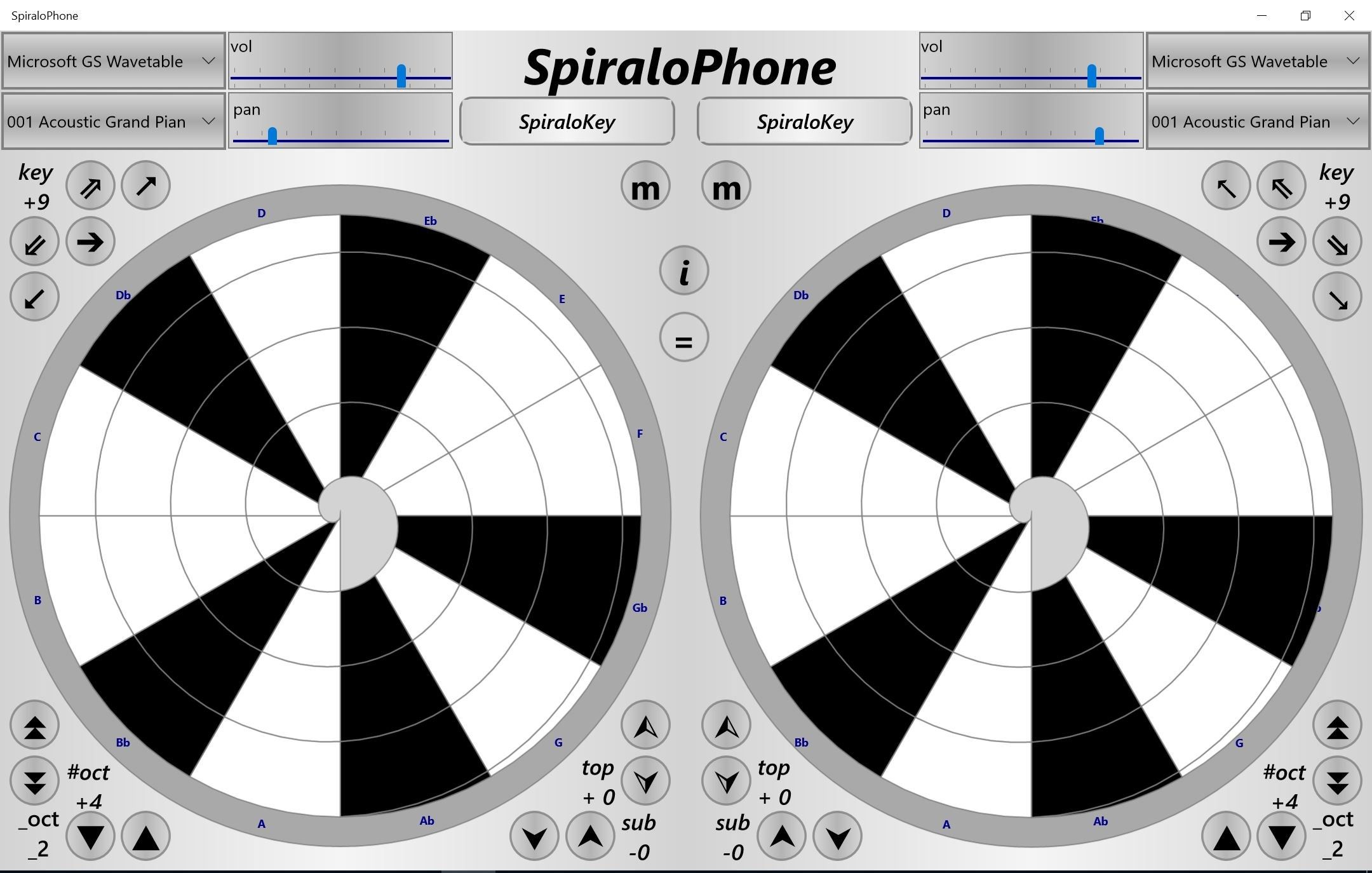 "SpiraloPhone" with two independent "SpiraloKey" music instruments,
where you can play on the spiral wrapped piano-keyboards.
You can control output device, sound, number of octaves, base octave, additional overtone and sub-tone octaves, spiral direction and rotation