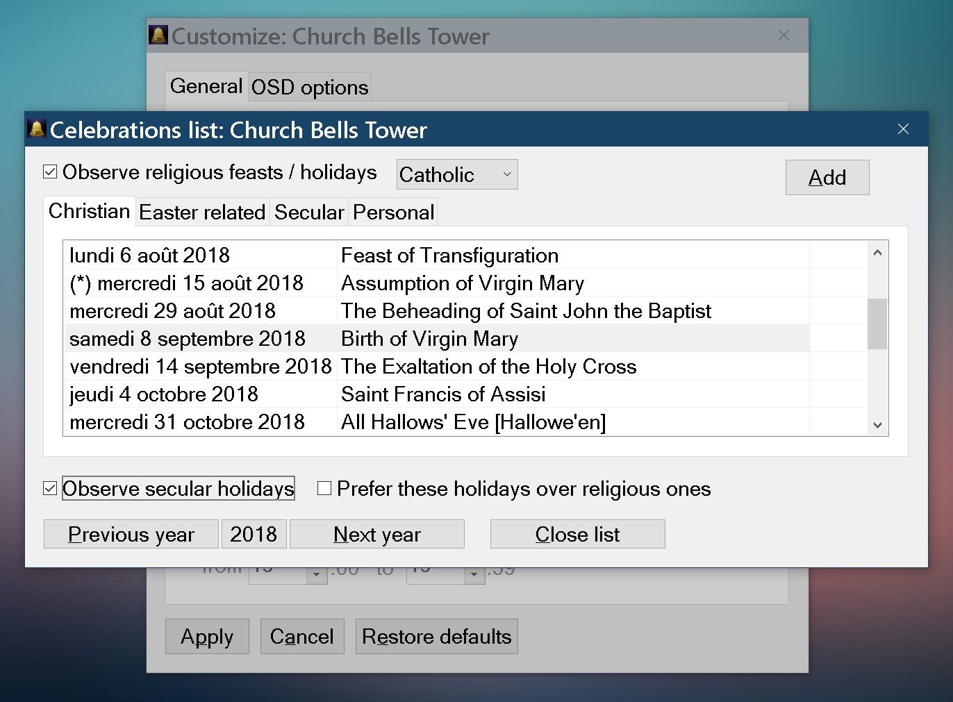 The panel where users can configure which holidays to observe: secular, Catholic or Orthodox. And also, add their own holidays.