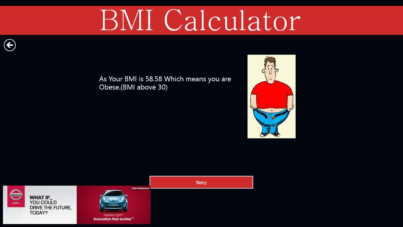 result displayed of B.M.I calculated