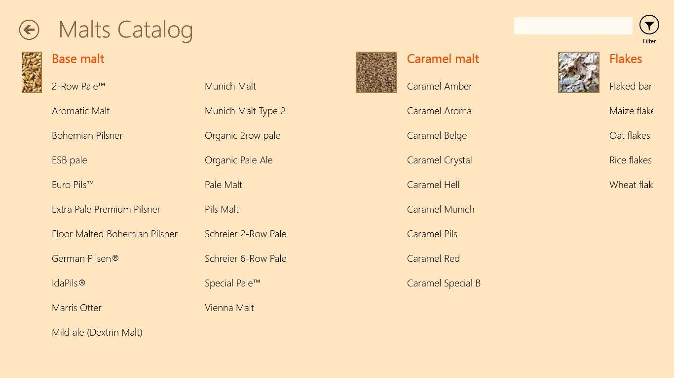 Filtered ingredient catalogs: grains, hops, yeasts.