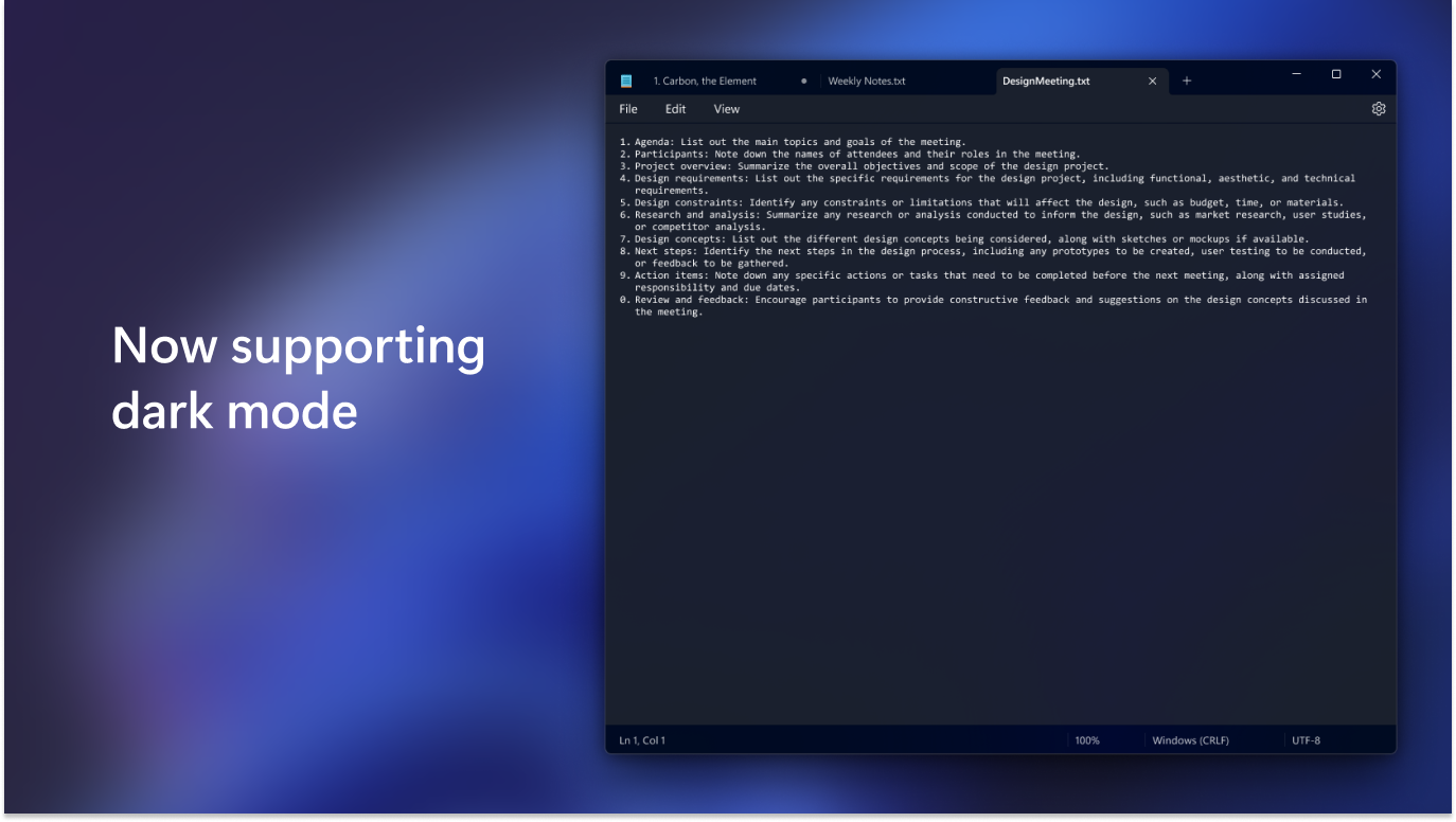 Notepad now supports dark mode.