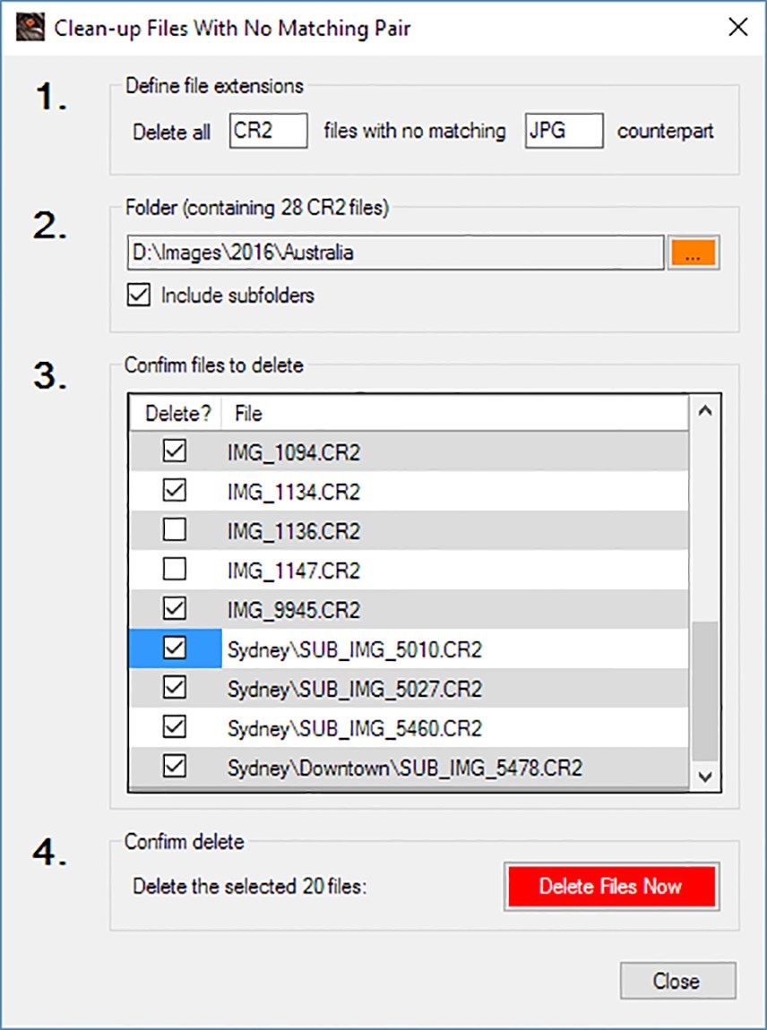 Clean-up Files With No Matching Pair - an example of the provided image file clean-up functions. The function helps you to clean up "odd" obsolete files based on filename extension. For example, when you have deleted your unneeded JPG files, the function will help to delete the corresponding RAW image files.