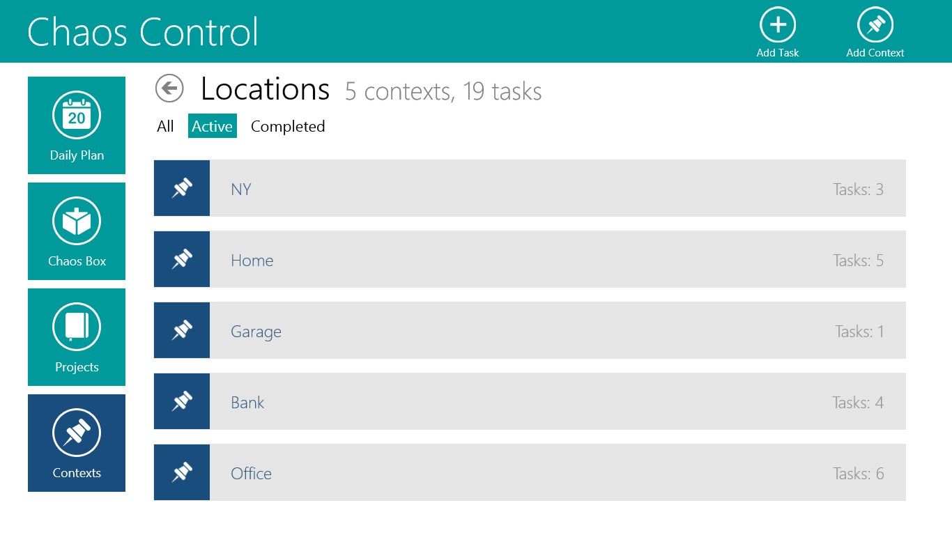 Group your tasks by places, people, tools, etc in Contexts