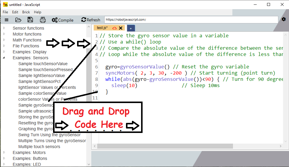 Drag and Drop code top the editor
