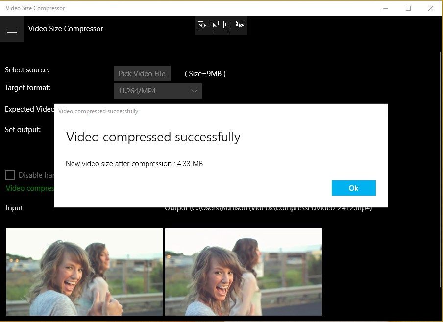 Easy to use. Just select a file, specify the expected compression size, set output file name and compress the video. Let the application take care of everything else.