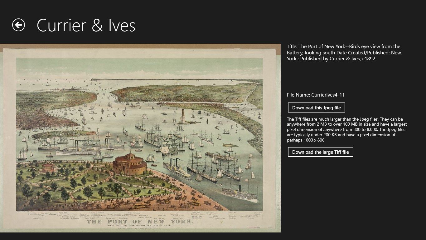 The Port of New York thumbnail has been tapped to display a larger view of the image with a description