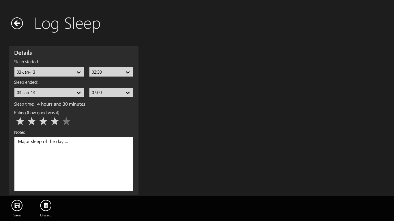 The "log new sleep" screen.