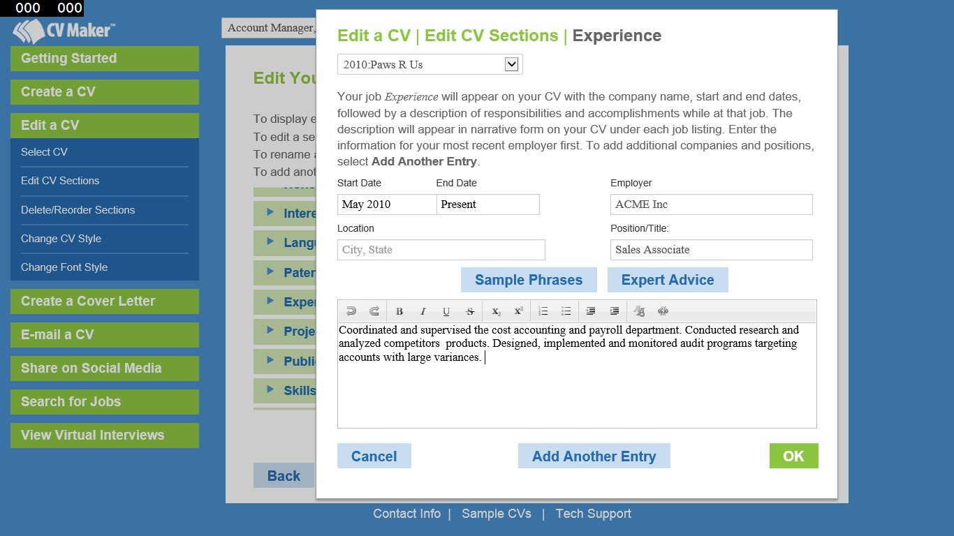 Easily edit each section of your CV.