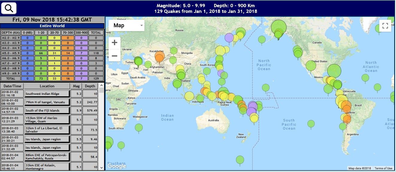 Results portrayed on a 2-dimensional Google Map (Mercator). Click or tap a marker to highlight it in the Earthquake List in the left panel. Click or tap a location button in the Earthquake List to identify its marker on the map.