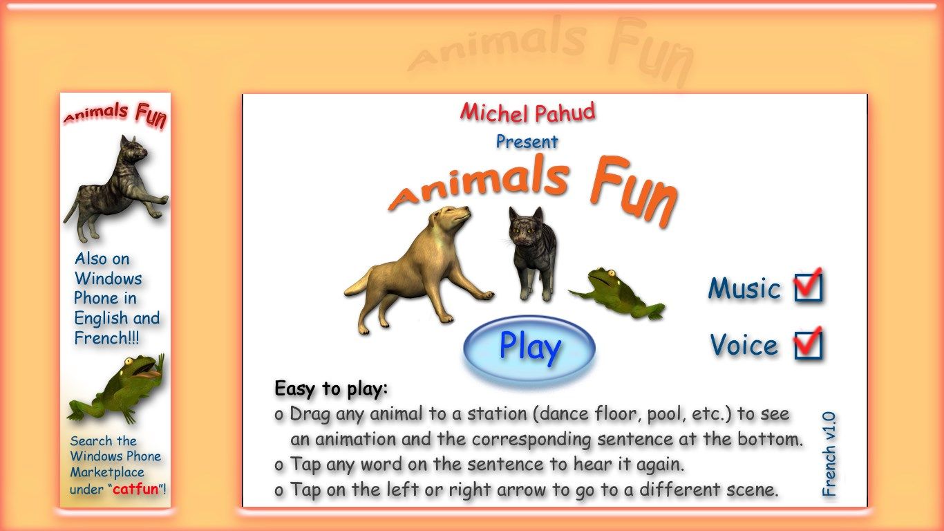 Main menu of Animals Fun French.