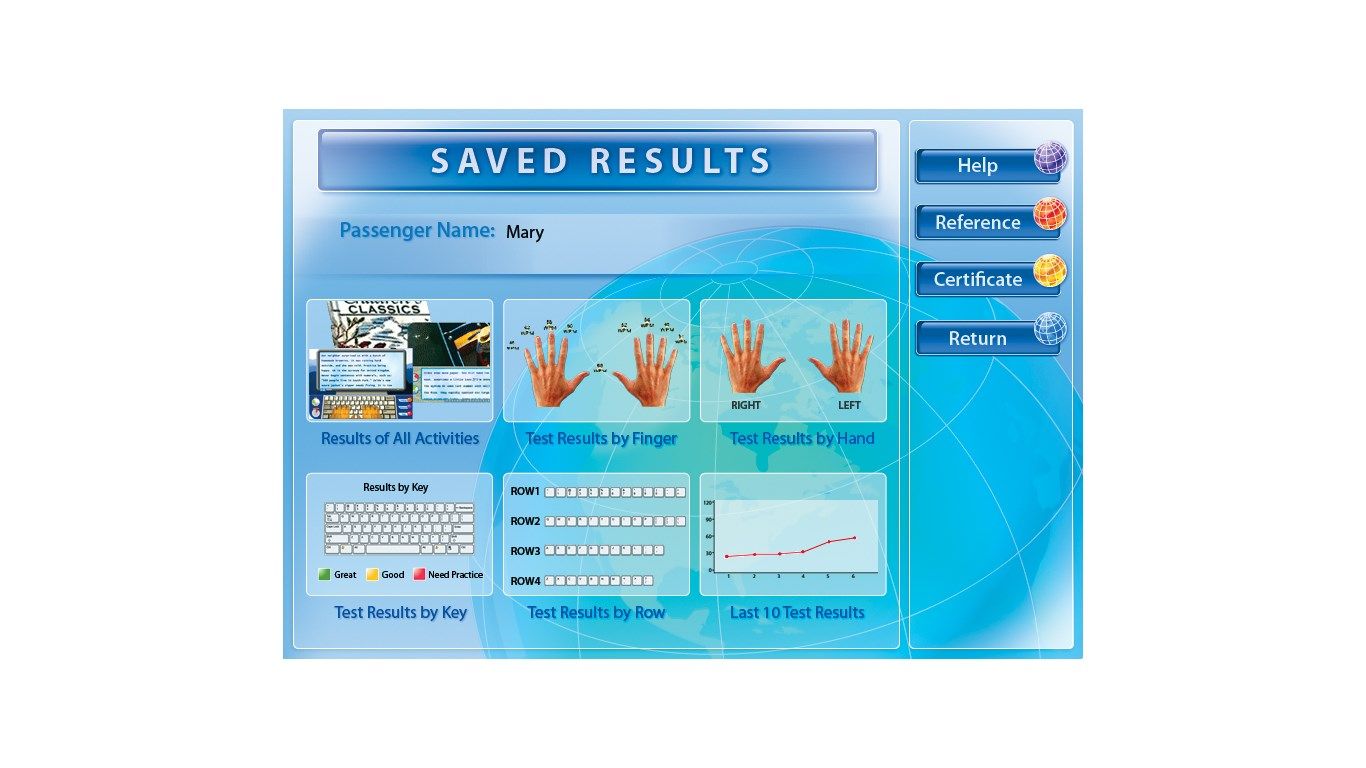 View results for each finger, row, key, or hand separately. You can even view your personal results for all typing activities.
