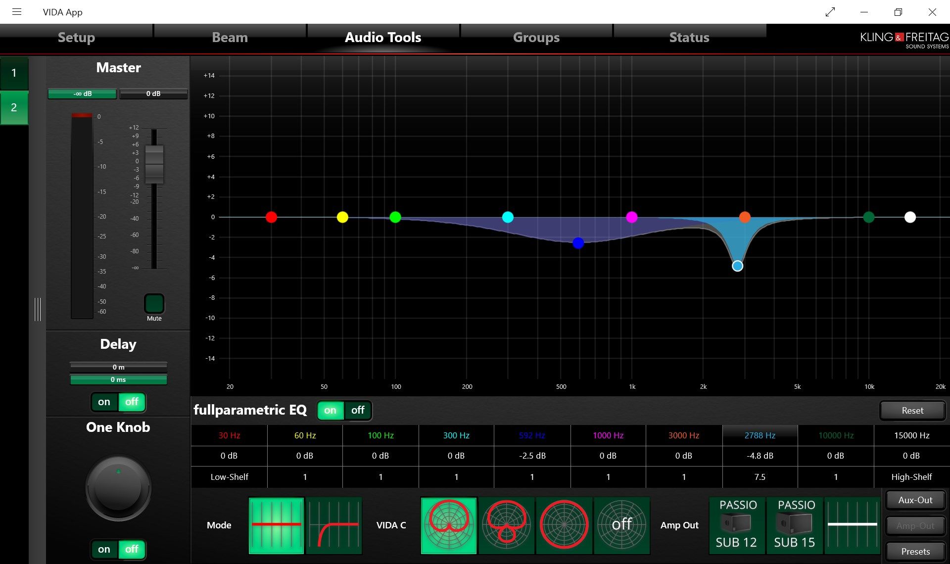 Audio Tools - use parametric EQs for room equalization. Switch between fullrange mode or use additonal subwoofers. Control the horizontal directivity with VIDA C.