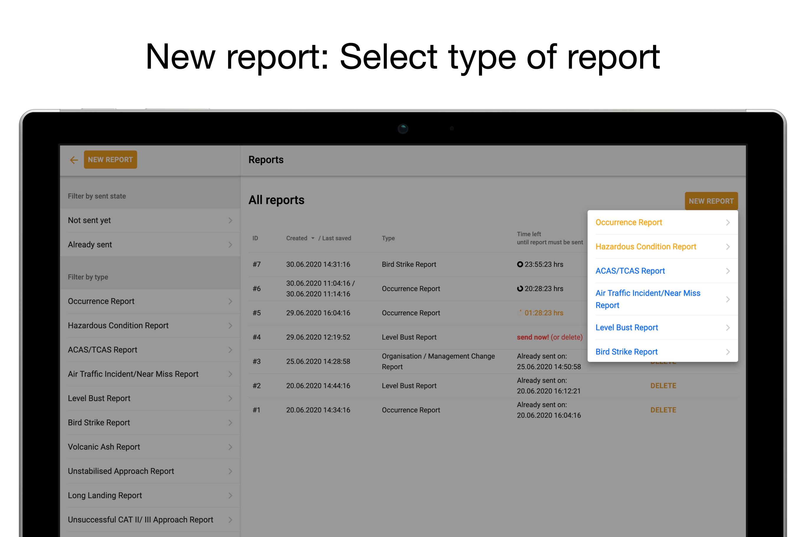New report: Select type of report