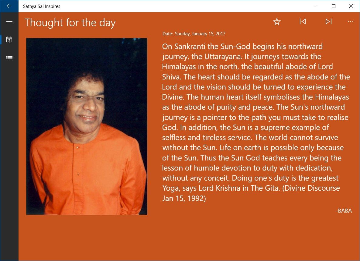 W10: Main screen, View latest thoughts for the day messages from Prasanthi Nilayam.