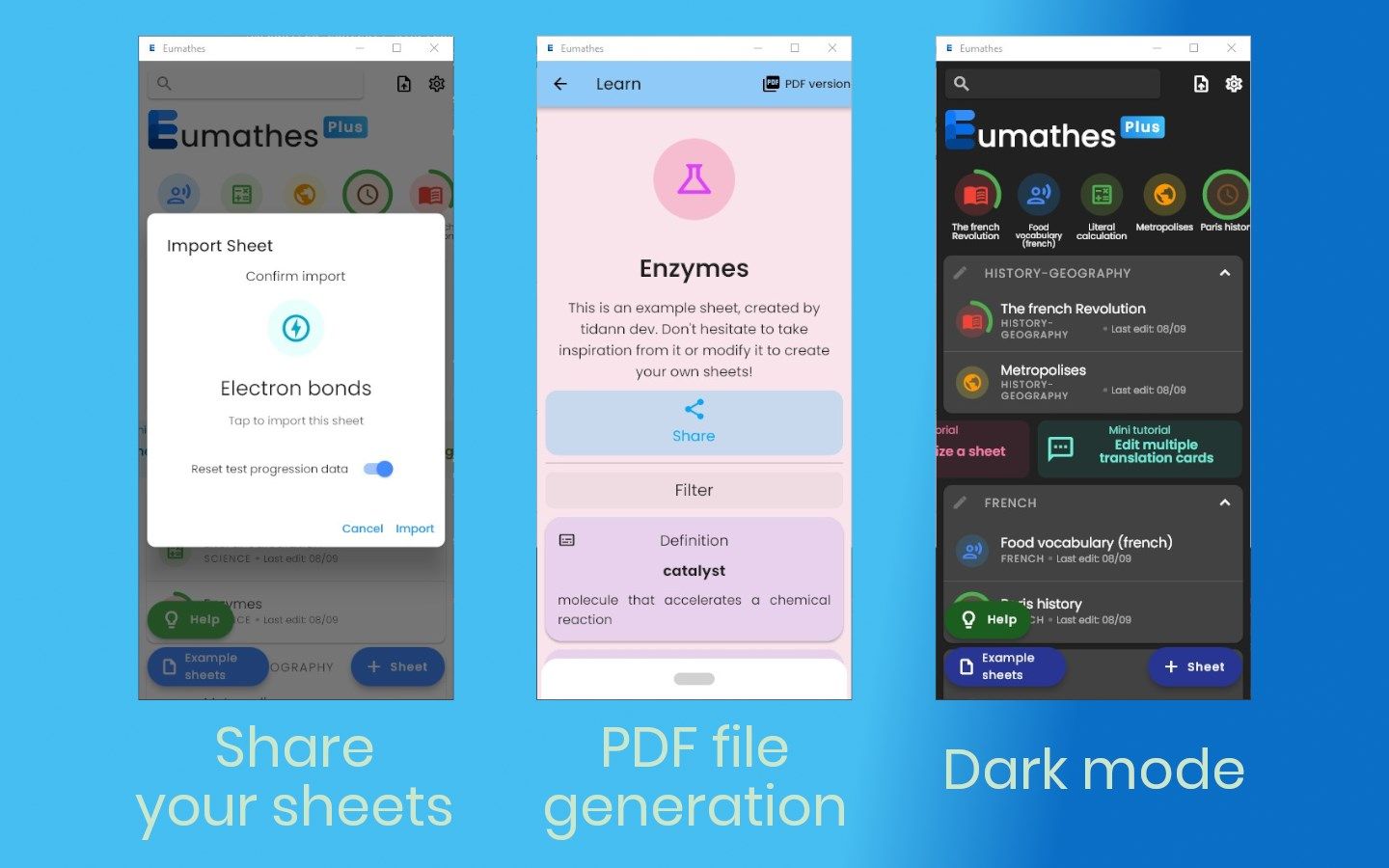Share your sheets
PDF file generation
Dark mode