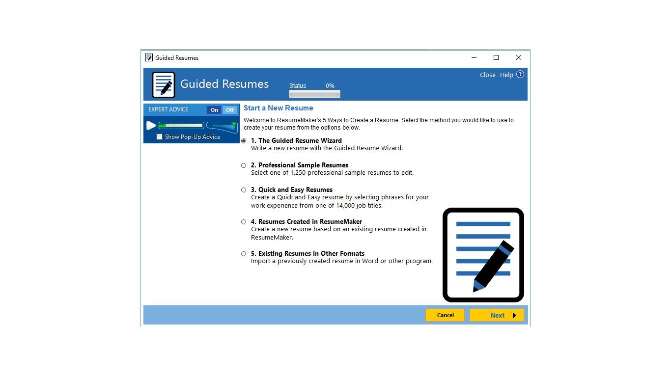 Use the Step-by-step guide to begin your resume or choose from four other options.