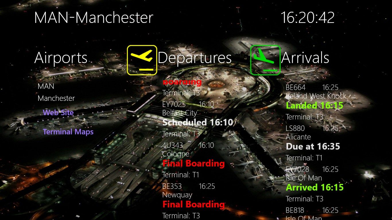 All the arrivals and departures are displayed along with their status