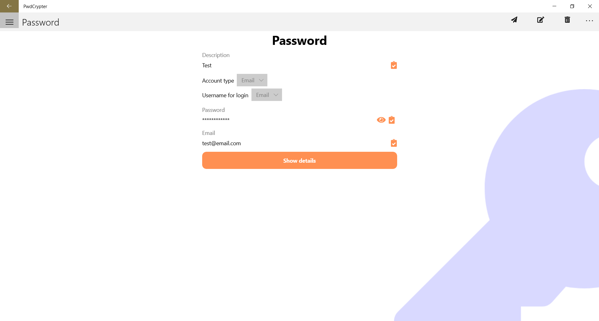 Creation of a new password. You can add additional information by a specific button