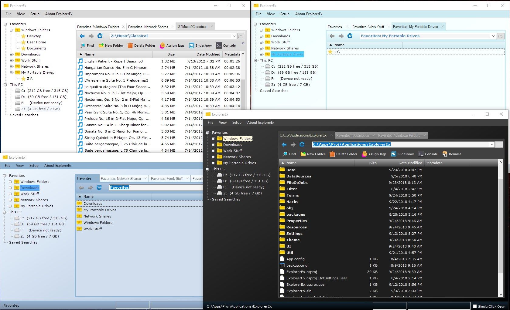 Familiar Windows File Explorer interface, but with tabs and themes (standard Windows, Dark, and two shades of blue.)  Supports drag and drop, Copy and Paste, file management, and more!