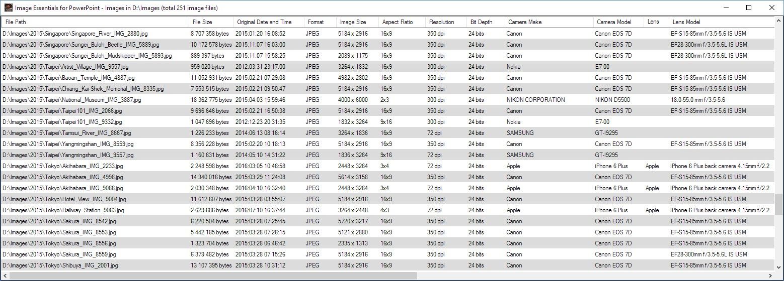 Analyse Files - an utility listing image files, their EXIF attributes and some other relavant image attributes of your image library folders. The EXIF attributes contain information such as camera and lens model, author and copyright, ISO speed, aperture, F-Stop and GPS info. You can further copy the data to the clipboard or Microsoft Excel (optional, not required) for further analysis and processing - think image library database.