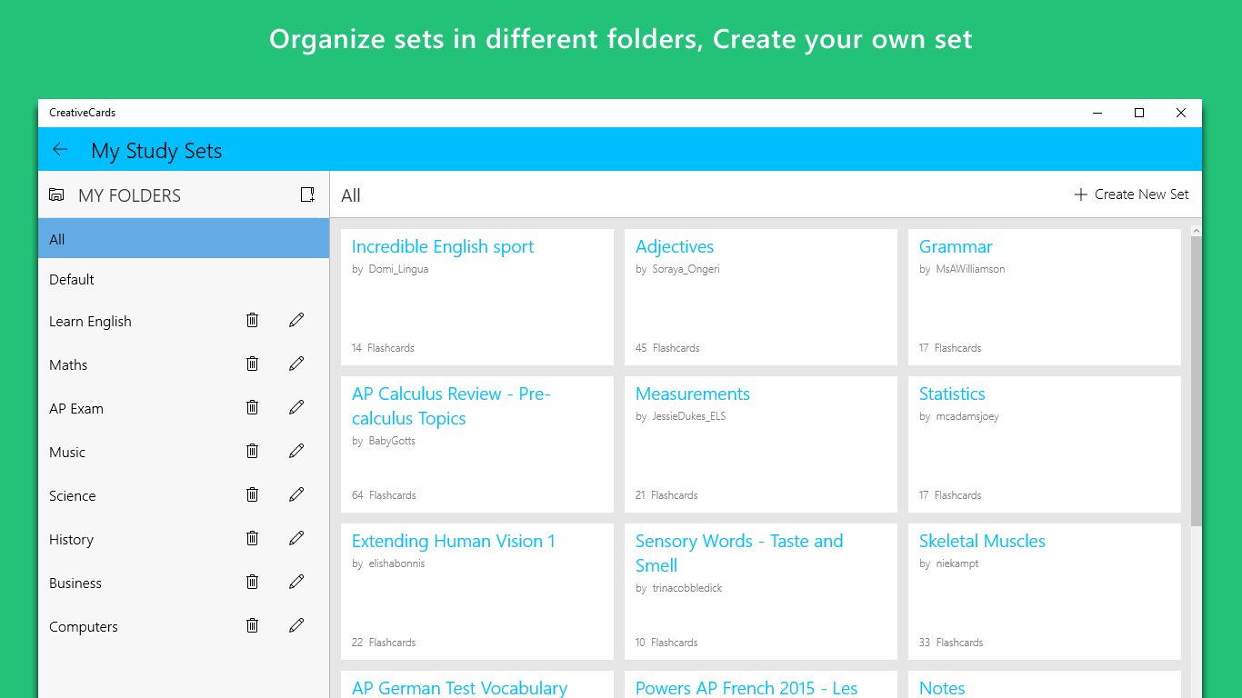 Organize sets in different folders, Create your own set