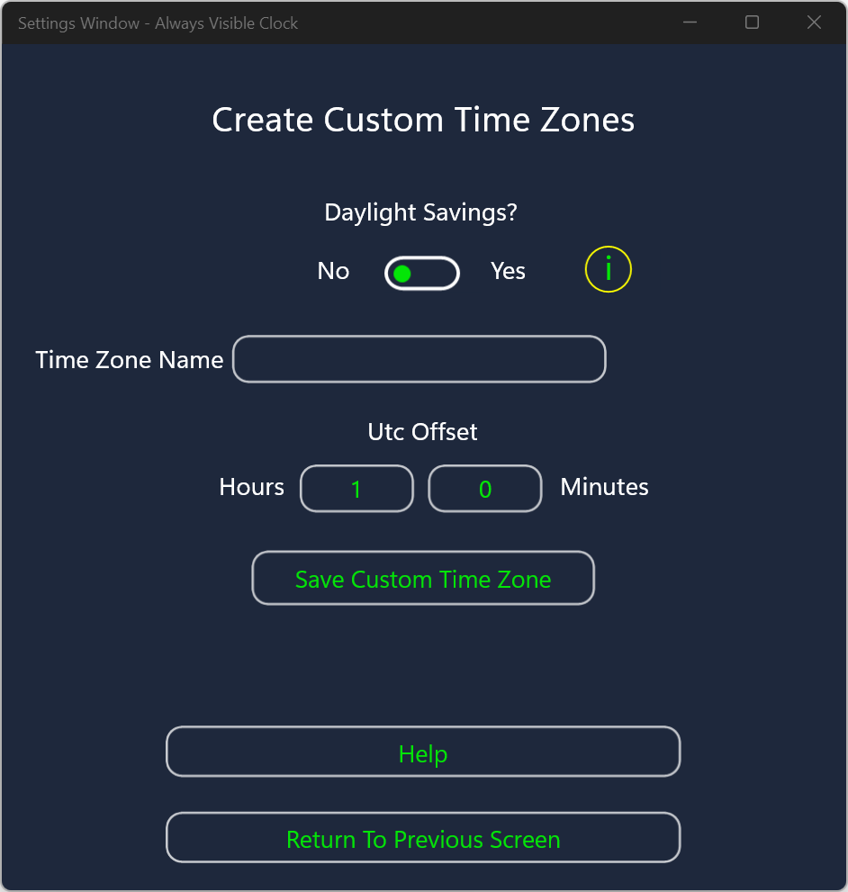 In this screen you can define a new time zone without daylight savings. It is displayed and selectable on any of the three Group time zone displays
