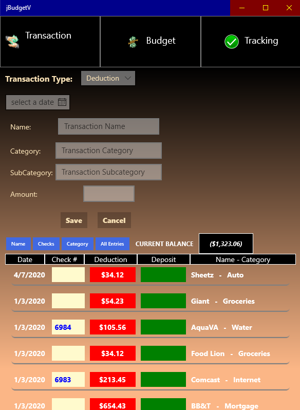 Transaction Entry Page Display
