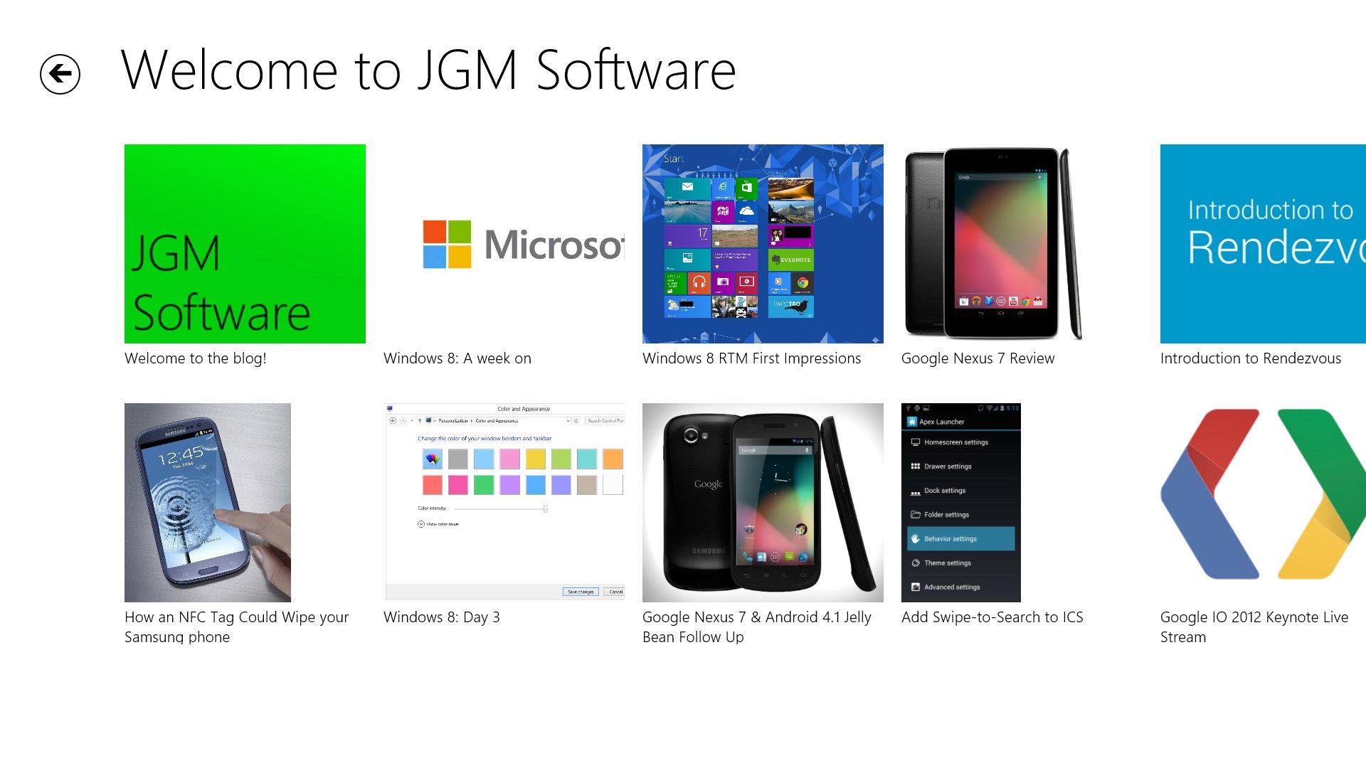 The main screen for the JGM Software app.