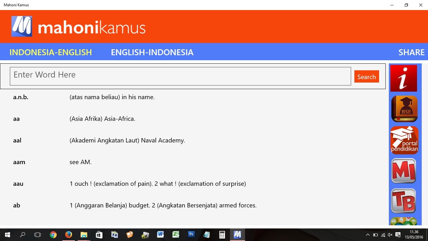 Menampilkan daftar kata-kata terjemahan bahasa Indonesia ke bahasa Inggris