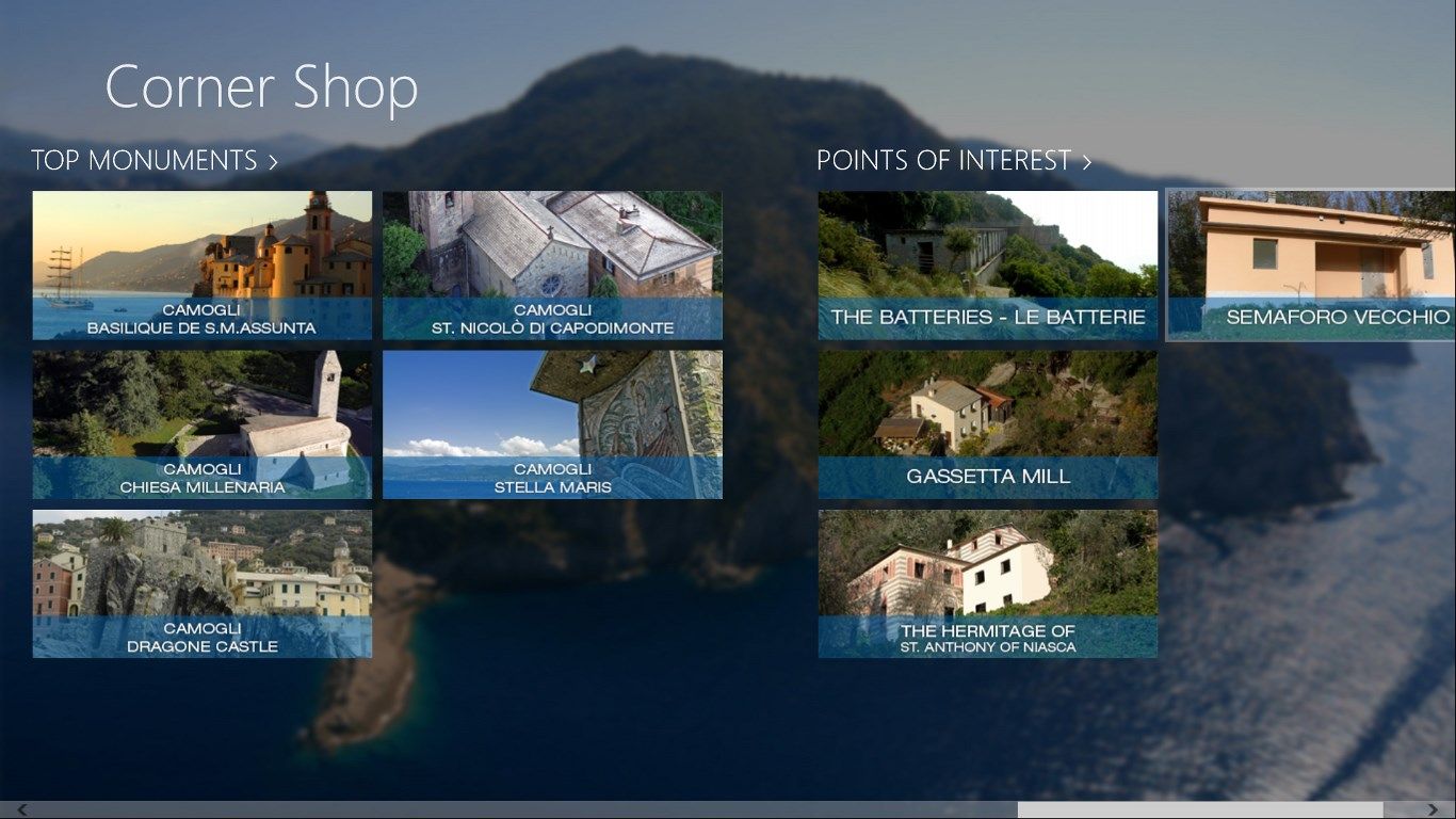 Start screen of the application, presentation of featured elements in each category: Monuments and Points of Interest in the Park