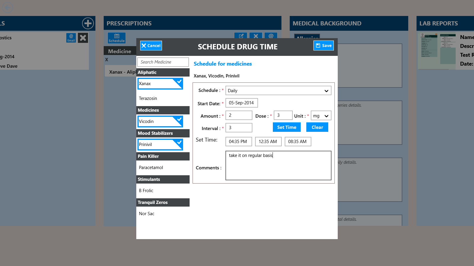 UI for managing prescriptions for any patient.