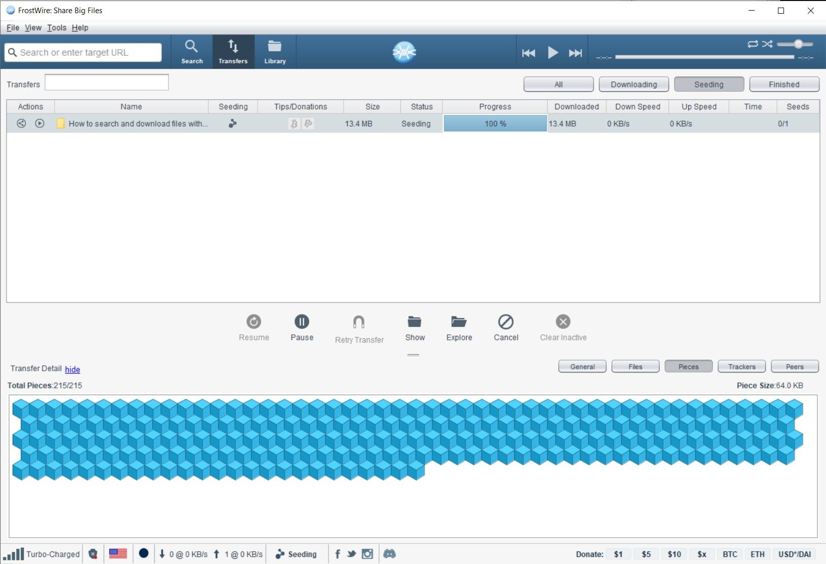 FrostWire seeding a torrent, advanced torrent transfer details in the bottom