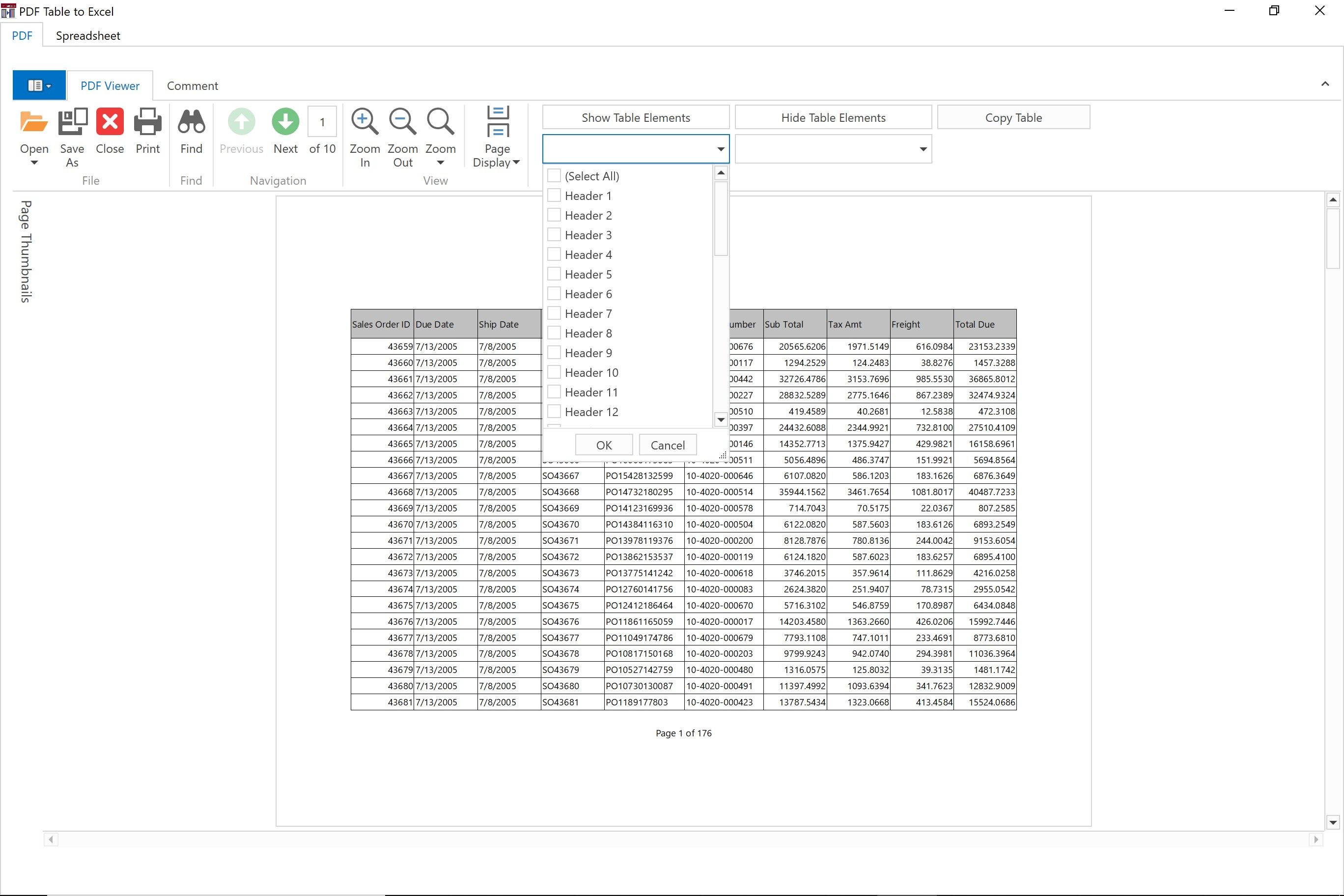 Selecting headers and columns for the extraction template.