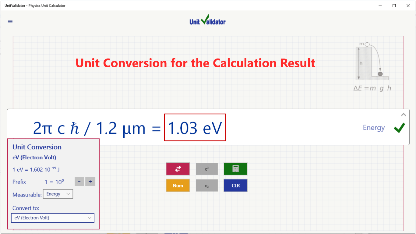 The unit of the result can be converted to equivalent units either by editing the unit text or with a conversion dialog box. The result numeric value will be updated according the specified unit.