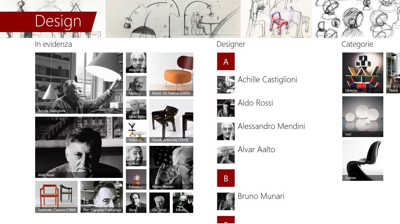 La home di Design mostra la sezione "In evidenza", la lista dei "Designer" e le "Categorie".
