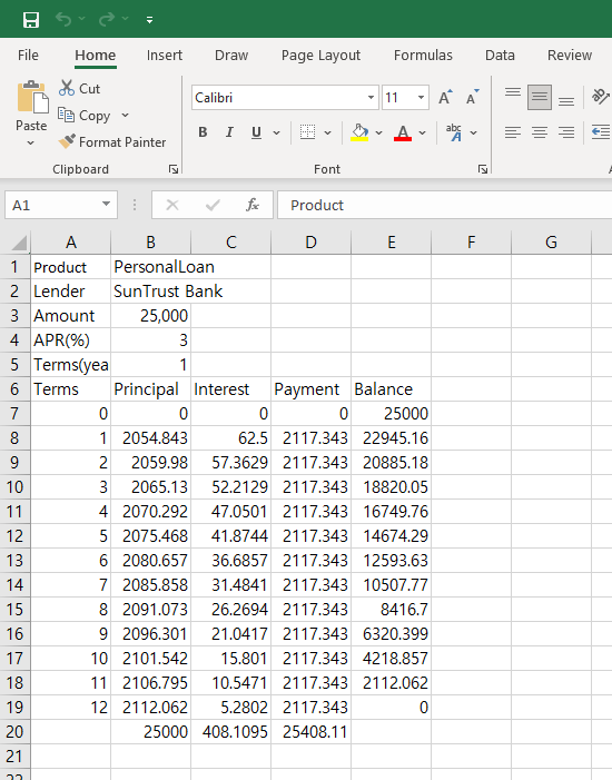 Payment Schedule saved as an Excel file