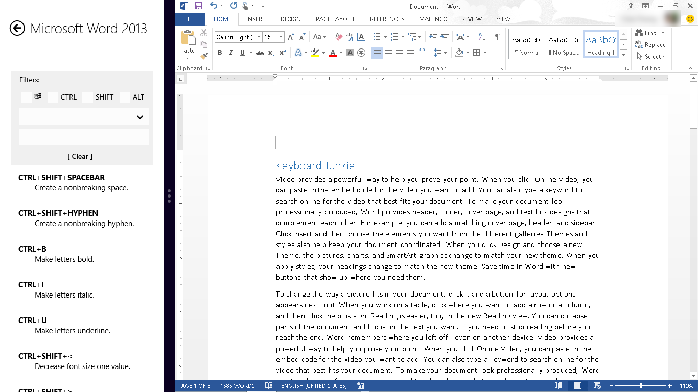 Shortcut keys for Microsoft Word 2013, snapped side-by-side with Word 2013.