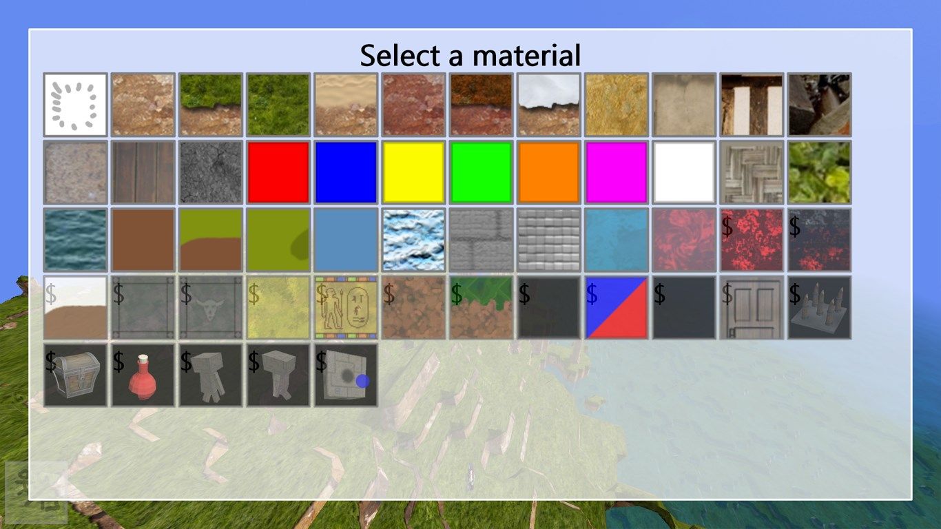 All materials and objects. The "$" ones are available in the premium version.
