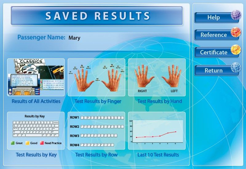 Typists can display a variety of graphs in the Saved Results area to see their performance on all their completed typing activities; lessons, tests, articles, and even games.
