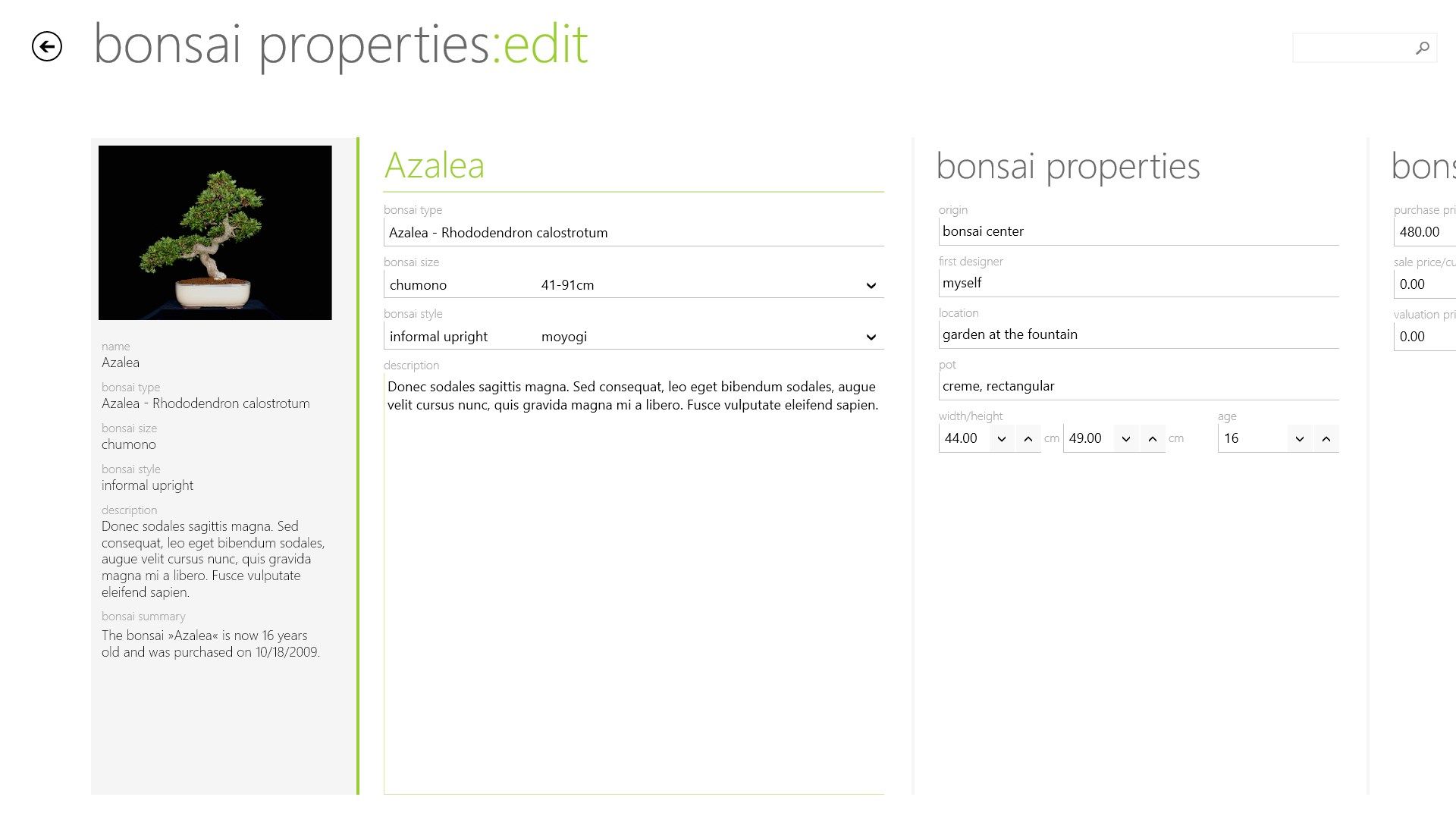 Bonsai-details screen for acquiring and changing its properties