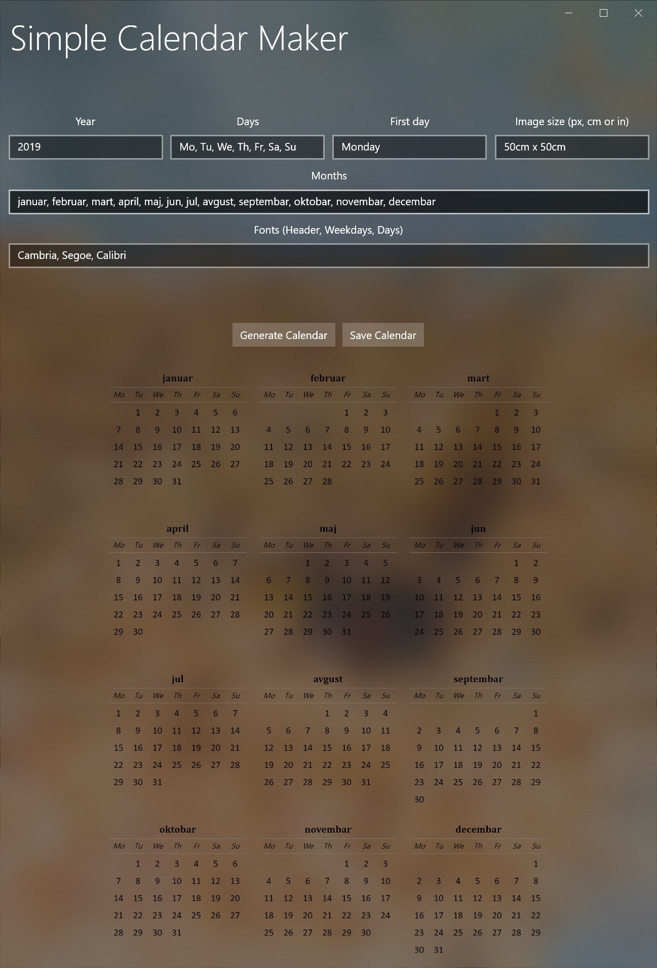 Dark theme and a calendar in a different language
