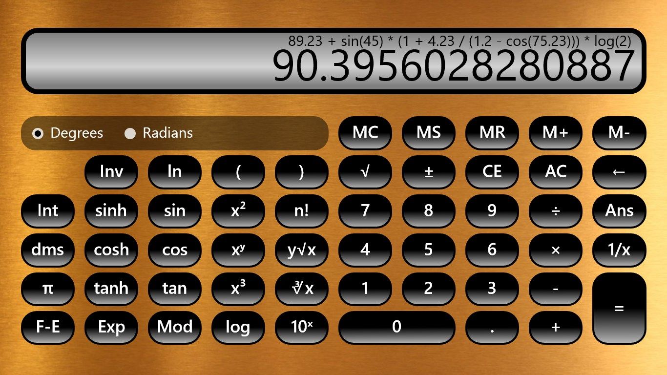 Scientific Calculator in landscape mode with brass background.