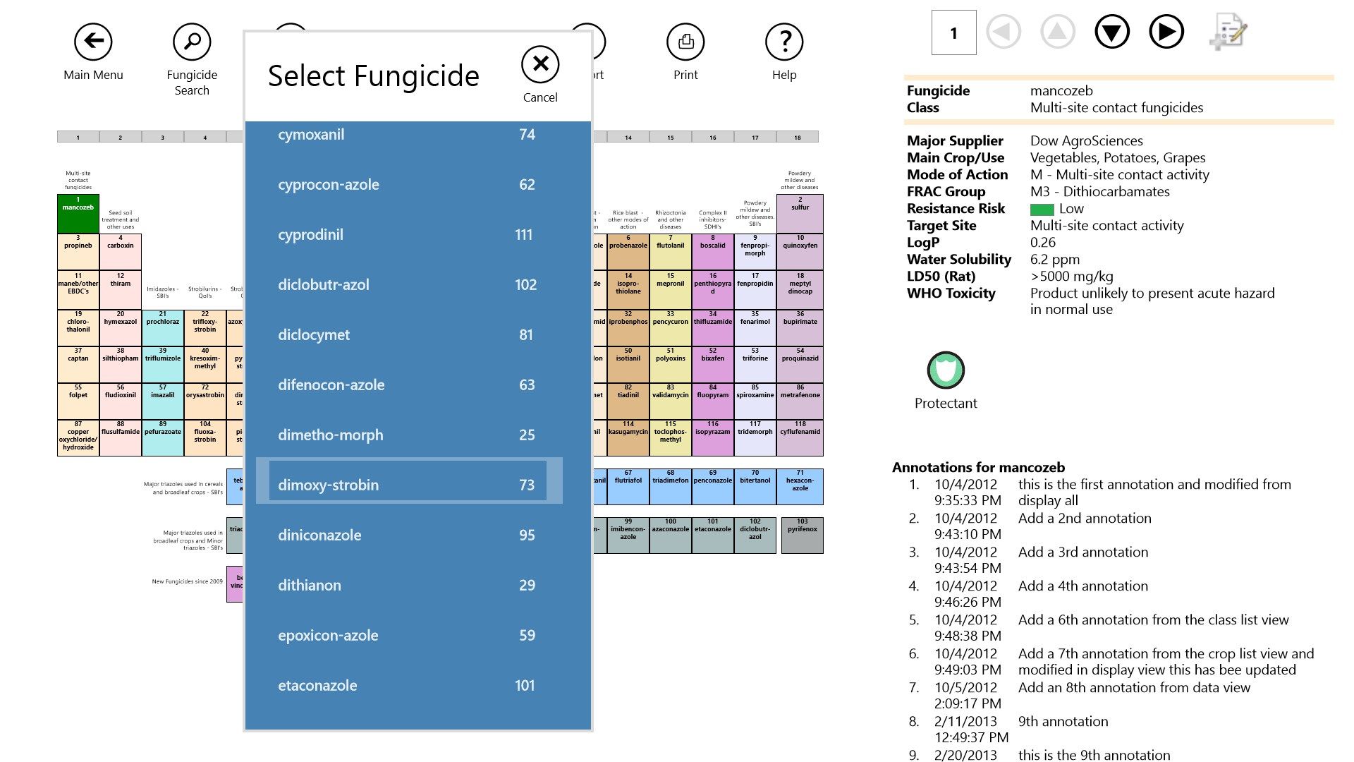 This view simply shows the alphabetical search list launched from the Periodic Table of Fungicide view.